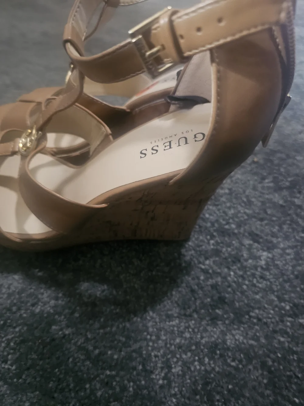 Guess Tan Cork Back-Zip Wedge Sandals